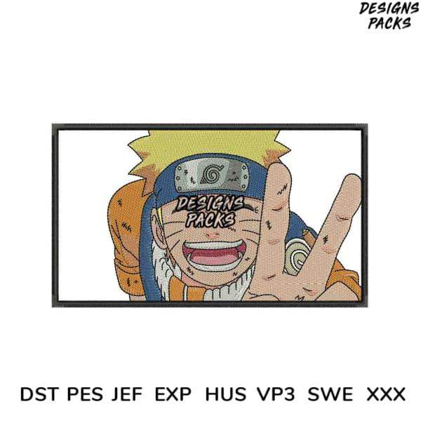 Naruto embroidery design with peace sign, available in PES, DST, JEF formats for instant download