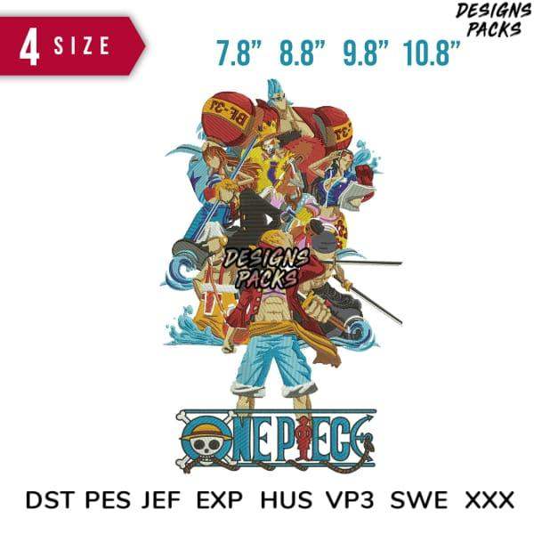 One Piece anime design for embroidery, available in multiple sizes and formats like DST, PES, and SVG.