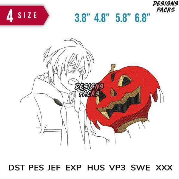Anime character holding red jack-o'-lantern, embroidery design in DST PES formats for Halloween