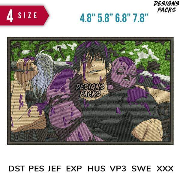 Anime-style embroidery design with purple accents, available in 4 sizes and multiple formats for instant download.