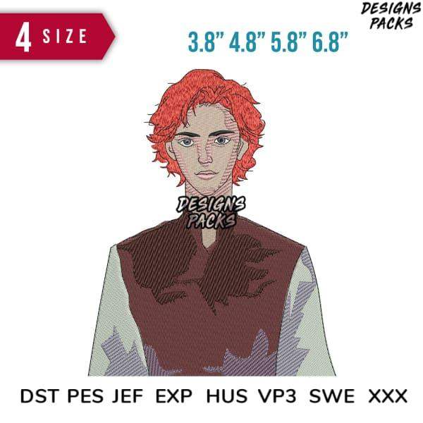 Embroidery design of red-haired character in vest, available in 4 sizes & formats like PES, DST, EXP for instant download