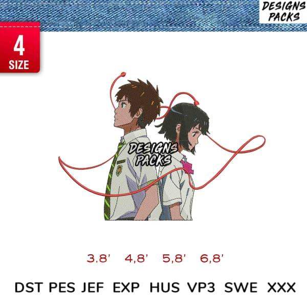 Anime boy and girl with red string design for embroidery, available in multiple sizes and formats