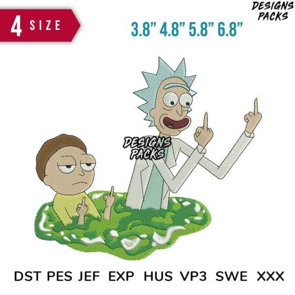 Rick and Morty embroidery design in 4 sizes, print-ready formats including PES, DST, JEF for machine embroidery