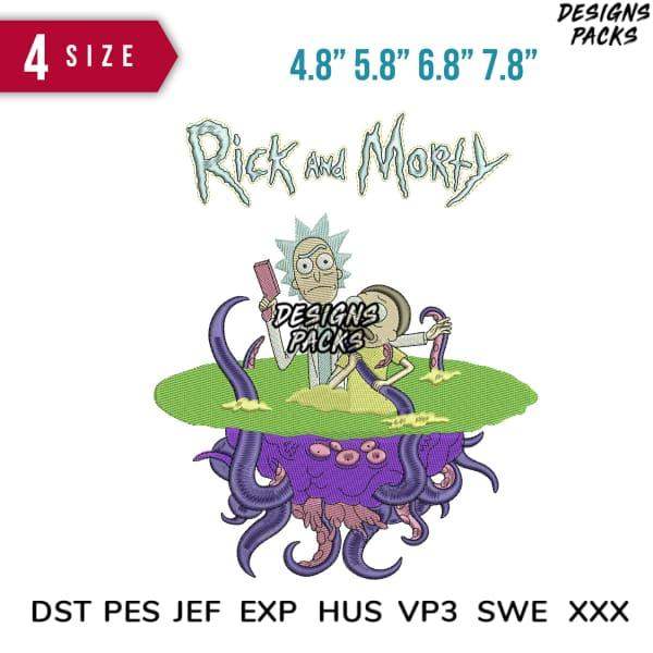 Rick and Morty embroidery design on octopus island, 4 sizes, PES DST JEF formats