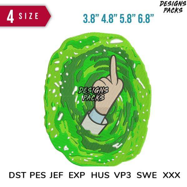 Embroidery design with finger pointing up, green swirl background, available in multiple sizes and formats