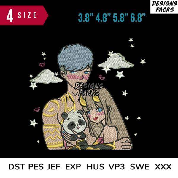 Embroidery design of couple with panda, stars, clouds – available in 4 sizes, DST PES JEF formats