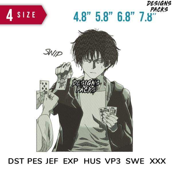Anime-style card trick design for embroidery, available in DST PES JEF formats, 4 sizes