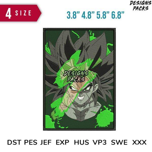 Dragon Ball Z embroidery design with green energy effect, available in multiple sizes and formats