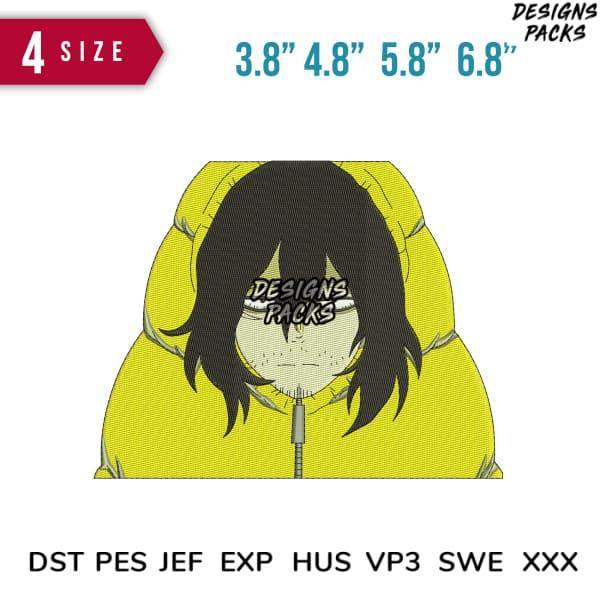 Anime girl in yellow hoodie embroidery design, 4 sizes, DST PES JEF formats