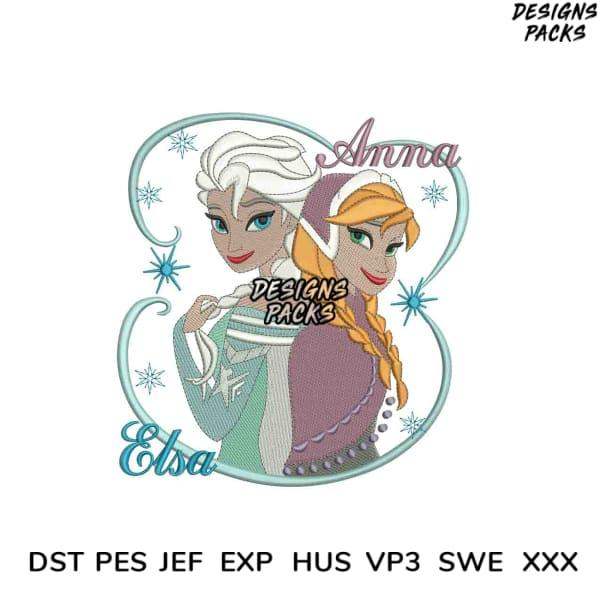 Elsa and Anna embroidery design in heart frame, snowflakes, PES DST JEF formats for instant download