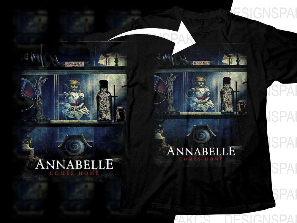 Annabelle Comes Home horror movie design on black t-shirt, perfect for fans and print-on-demand
