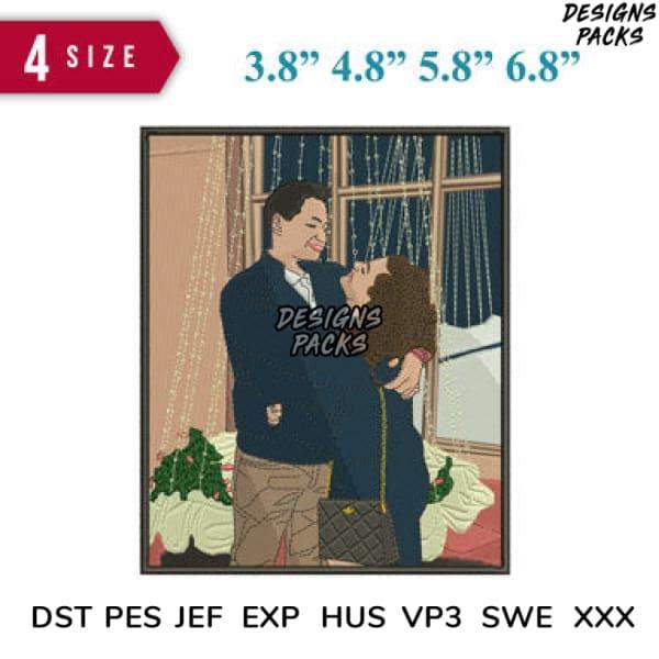 Romantic couple embroidery design in 4 sizes, compatible with DST PES JEF formats for instant download