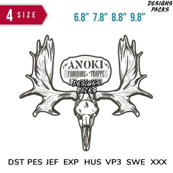 Moose skull with antlers embroidery design in 4 sizes, DST PES JEF formats for instant download