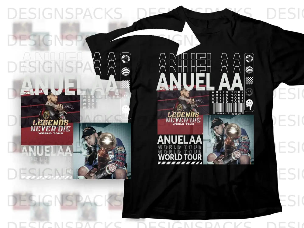 Anuel AA World Tour Legends Never Die t-shirt with graphic and text.