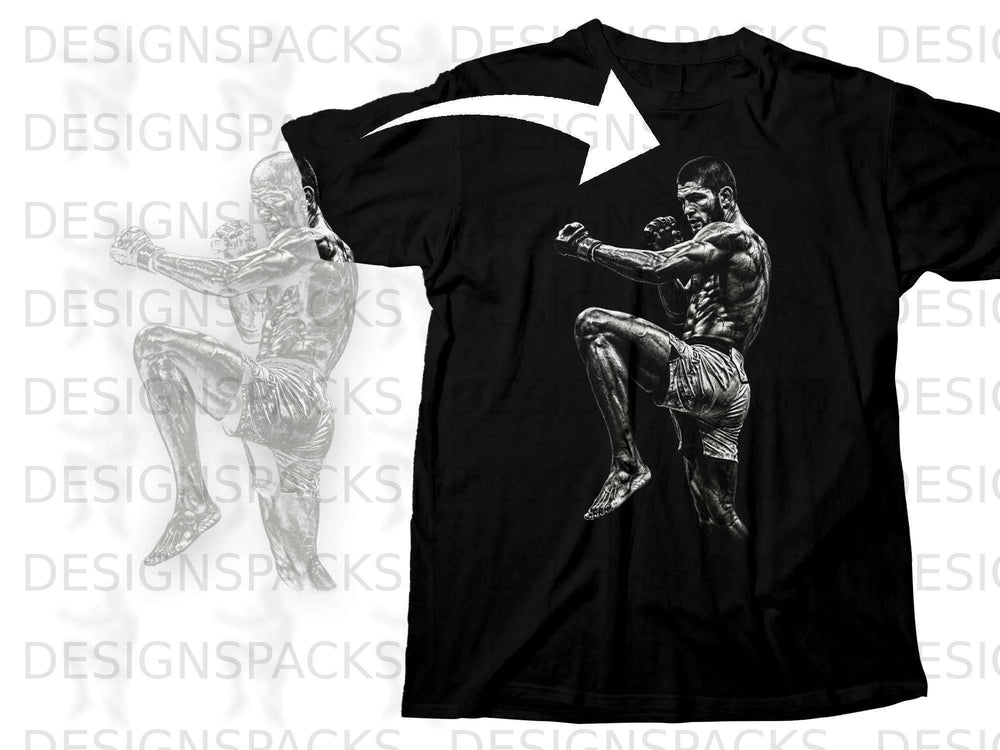 Black t-shirt featuring a black and white graphic of a fighter in a stance.