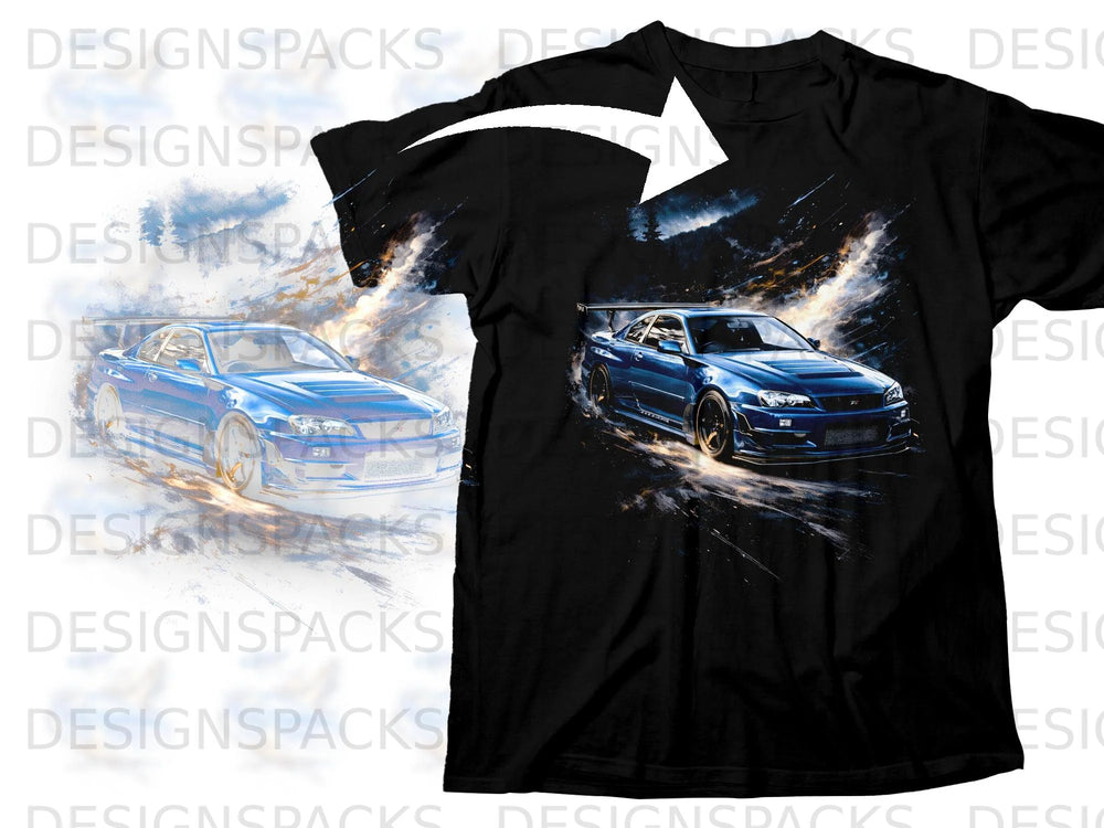 Black t-shirt with blue sports car graphic and abstract fiery background.