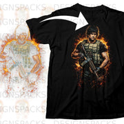 Black t-shirt with a graphic of a soldier holding a rifle amidst flames.