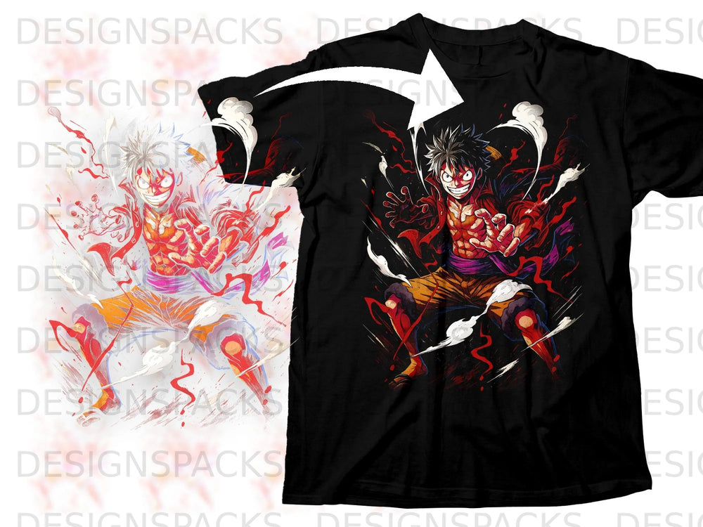Black t-shirt featuring anime character Monkey D. Luffy in a dynamic, fiery pose.
