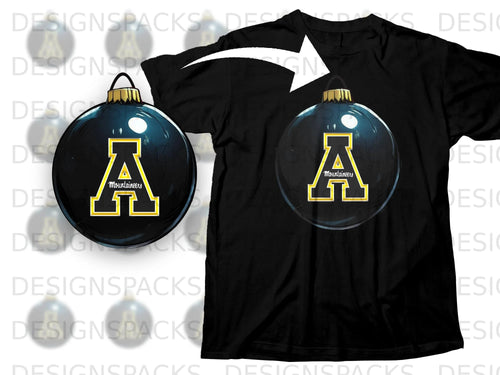 Black t-shirt featuring a clear ornament with a yellow 