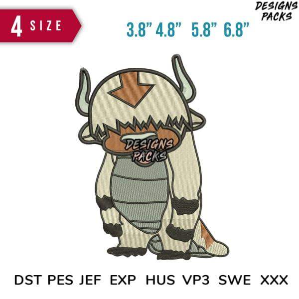 Embroidery design of cartoon creature with horns, available in multiple sizes and formats