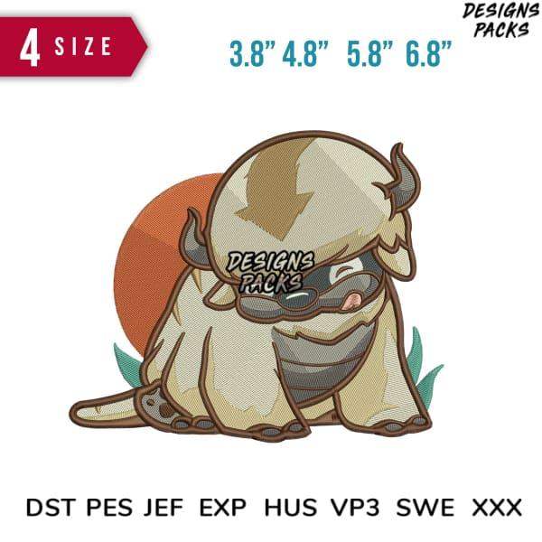Cute cartoon bison wearing sunglasses, embroidery design in 4 sizes, DST PES JEF formats
