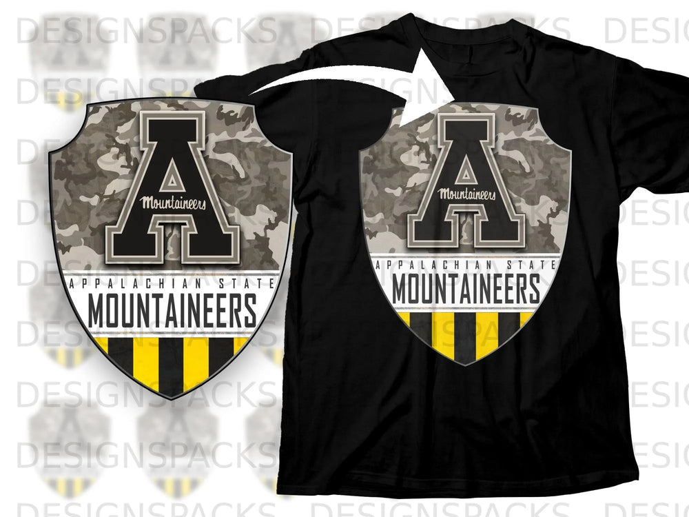 Black t-shirt featuring Appalachian State Mountaineers logo with camouflage pattern.