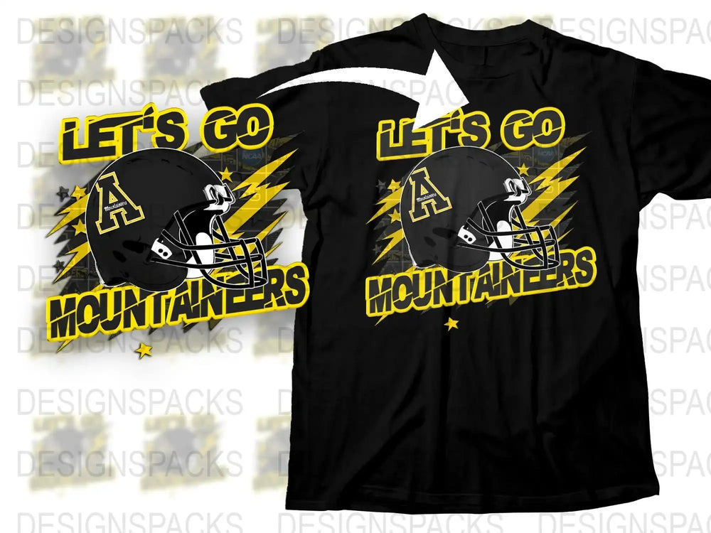 Let's Go Mountaineers Graphic T-Shirt, Bold Yellow and Black Sports Tee, Football Helmet Design, Athletic Fan Apparel