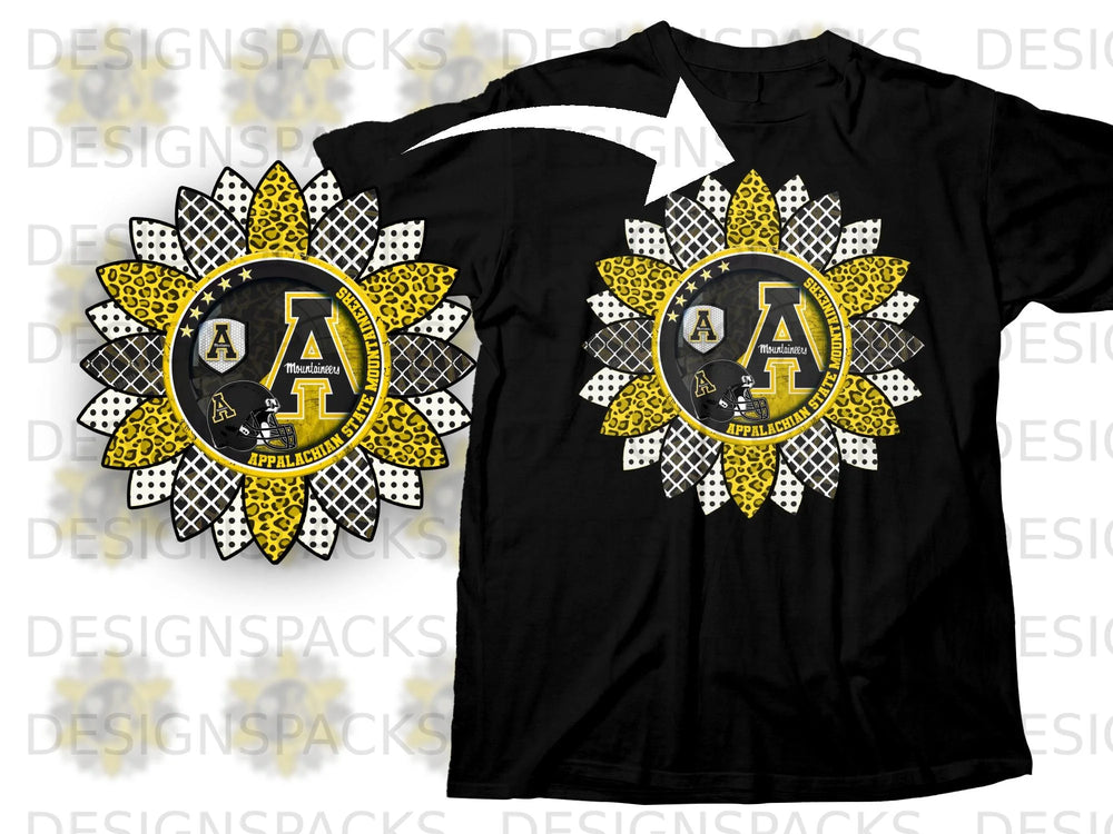 Black t-shirt featuring a sunflower design with Appalachian State Mountaineers logo.