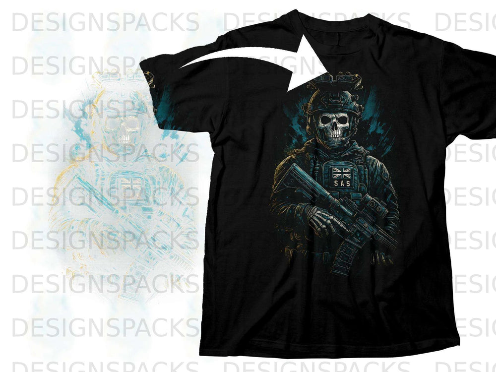 Black t-shirt with a skull wearing tactical gear and holding a rifle.
