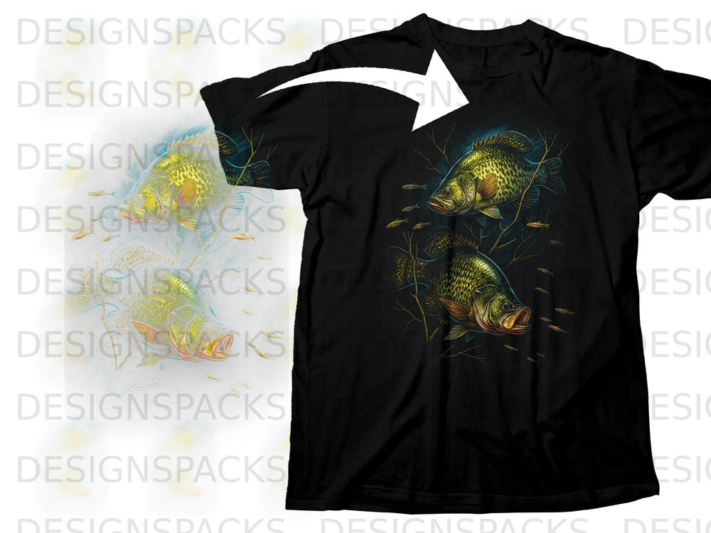 Black t-shirt with a graphic of two bass fish and small fish underwater.