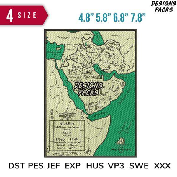 Embroidery design of Middle East map in green and beige, available in DST, PES, JEF formats for instant download.