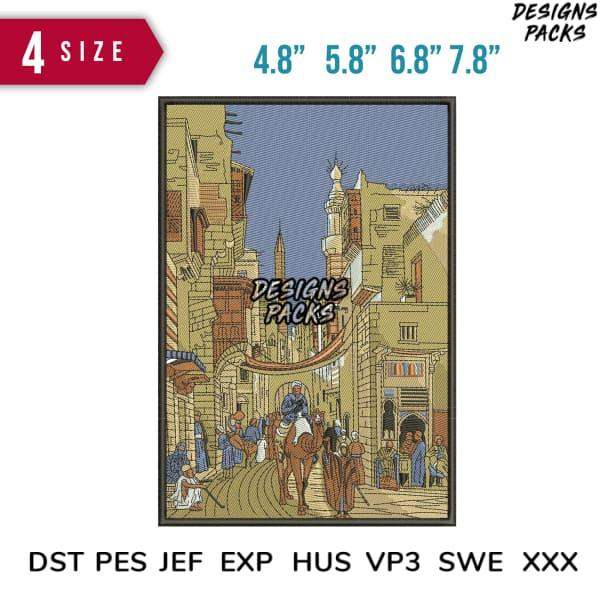 Embroidery design of Middle Eastern street scene, available in 4 sizes & formats like PES, DST, EXP for instant download
