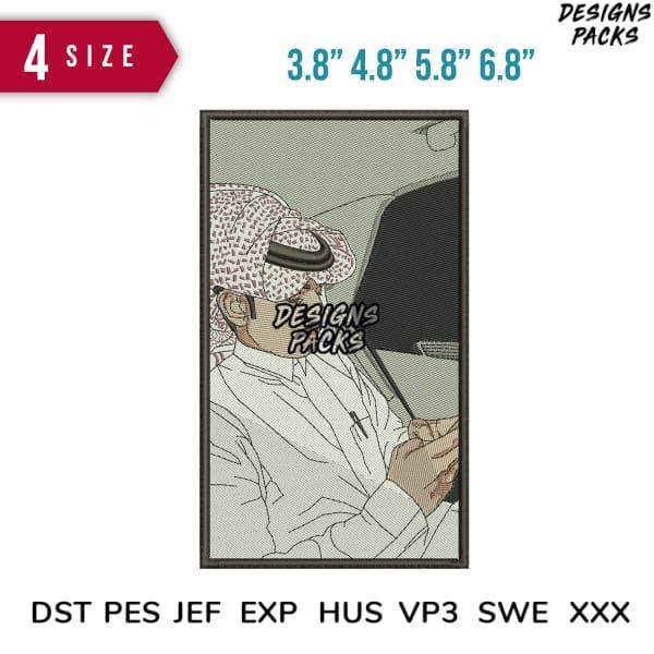 Embroidery design of man in car, available in multiple sizes and formats for instant download.