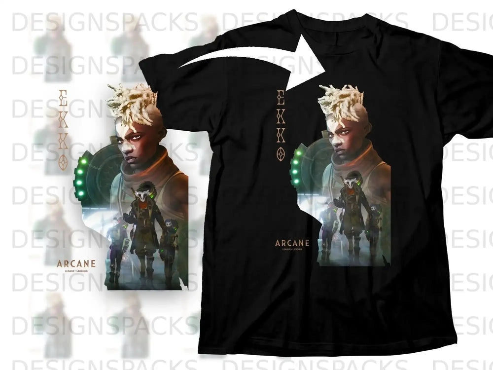 Black t-shirt featuring Arcane League of Legends characters Jinx and Vi.