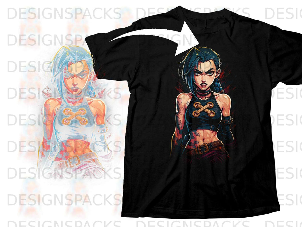 Black t-shirt featuring a stylized anime character with blue hair and determined expression.