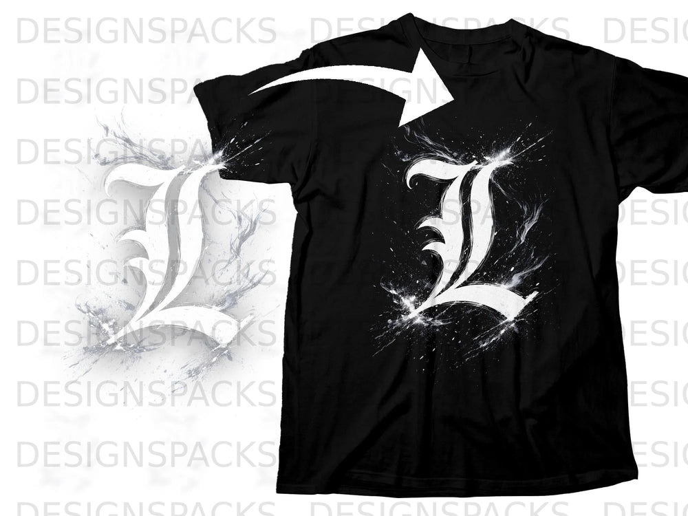 Black t-shirt with a white stylized letter "L" design with splatters.