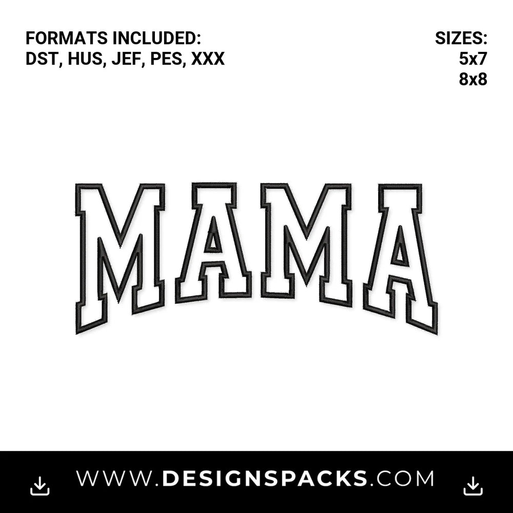 Arched Mama Collegiate Varsity Letters Embroidery Design - Instant digital download pattern at Designspacks.com