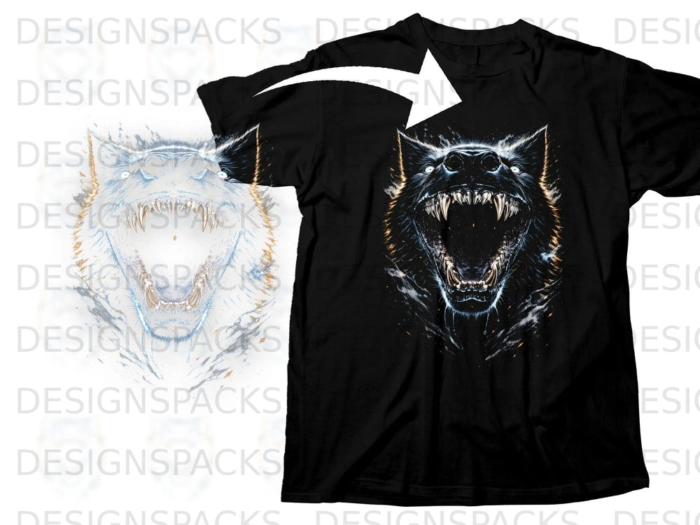 Black t-shirt with a snarling wolf graphic.