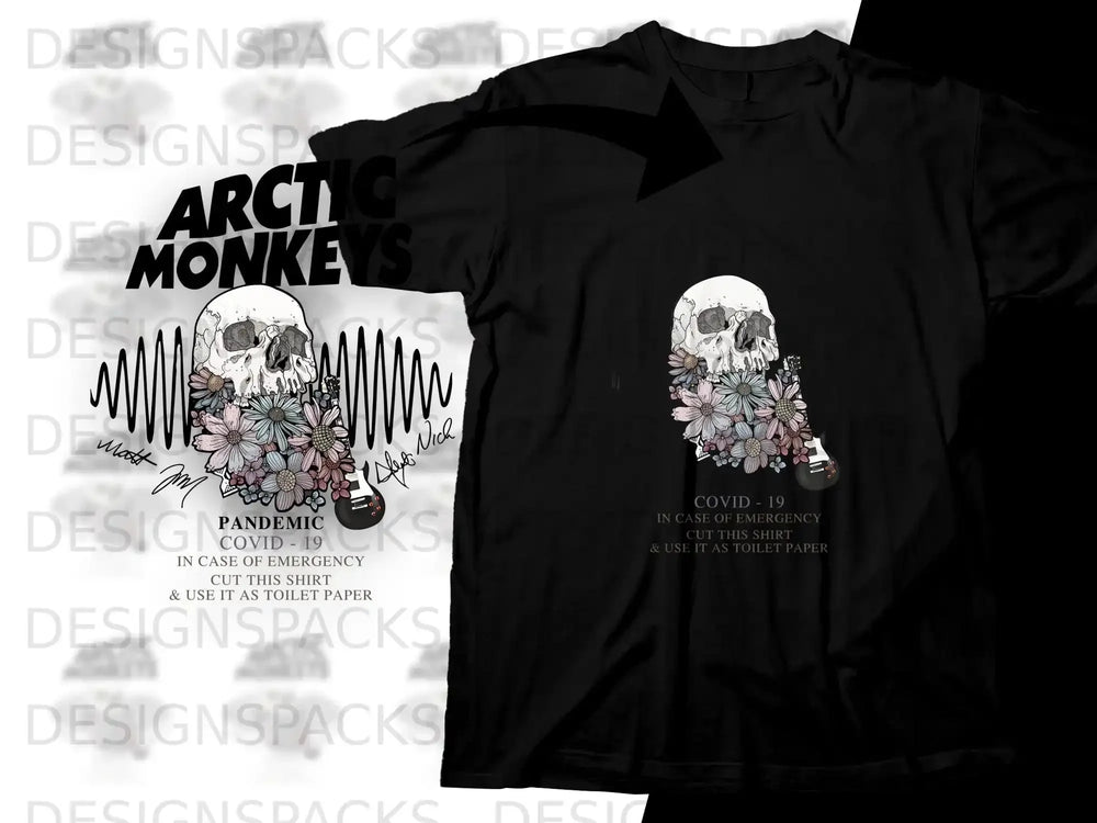 Arctic Monkeys skull and flowers graphic t-shirt with COVID-19 message.