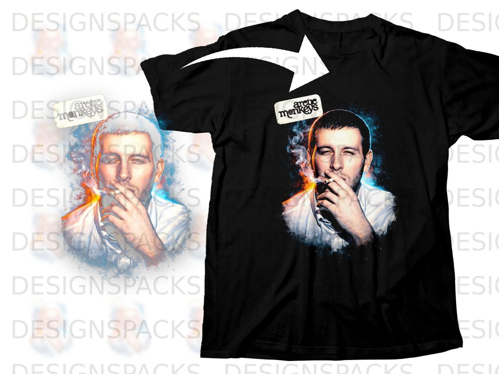 Black t-shirt with Arctic Monkeys logo and smoking man graphic.