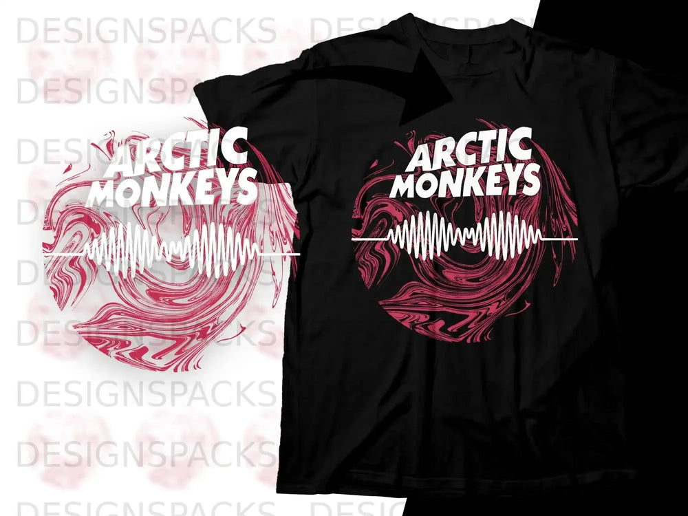 Black t-shirt with Arctic Monkeys logo and pink soundwave graphic.