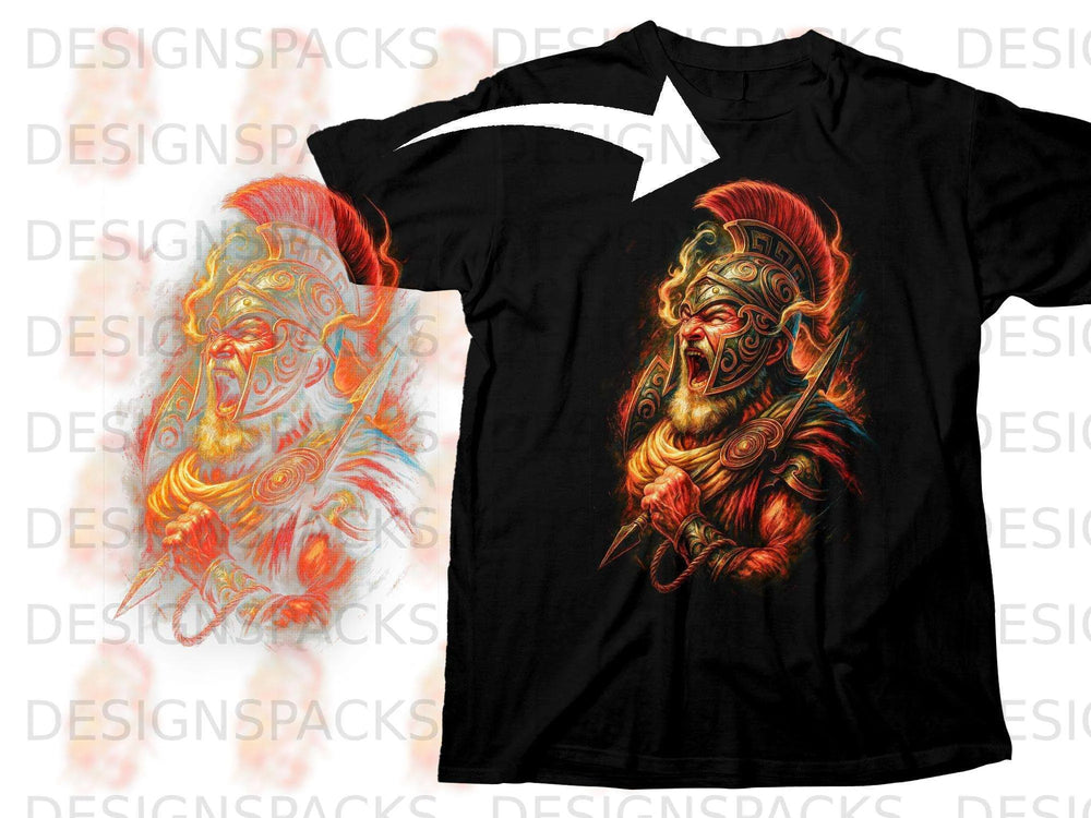Black t-shirt featuring a fiery warrior in ornate armor and helmet.