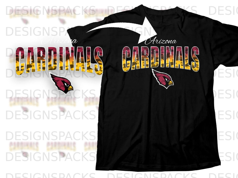 Black t-shirt with Arizona Cardinals logo and camouflage text.