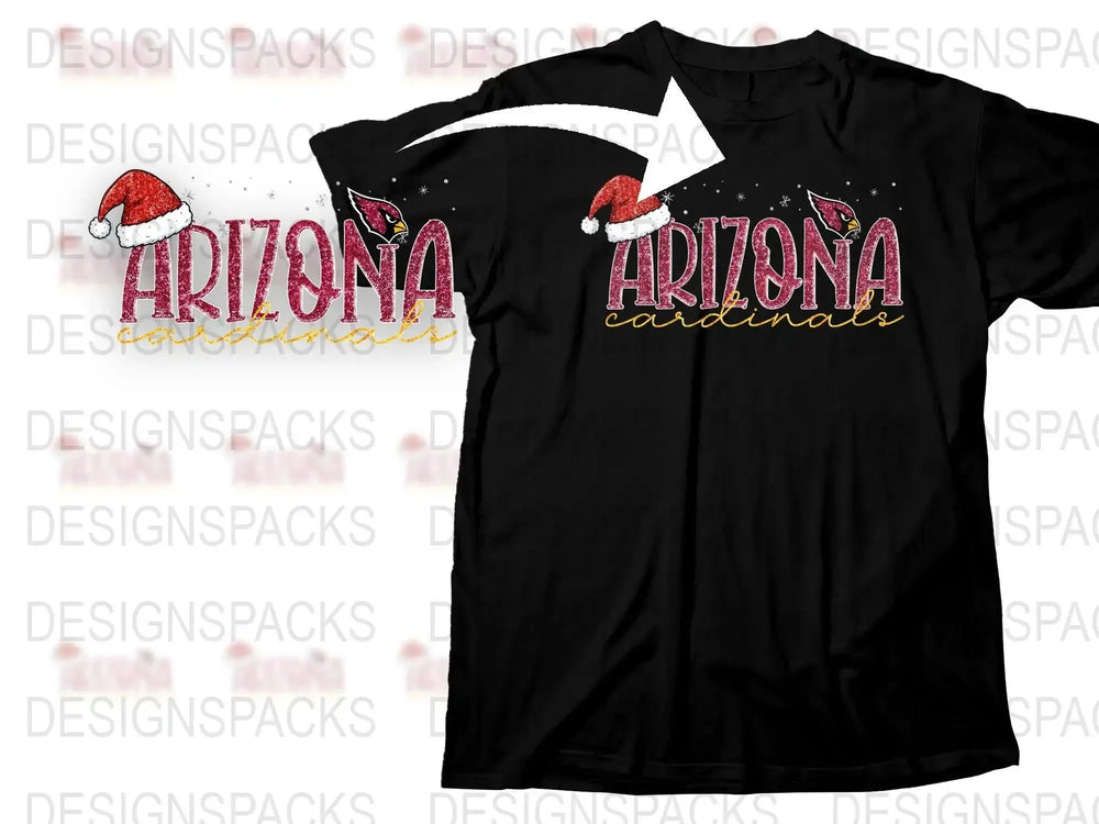 Arizona Cardinals Holiday T-Shirt, Santa Hat Graphic, Festive Sports Apparel, Black Cotton Tee, Unisex Gift for Fans