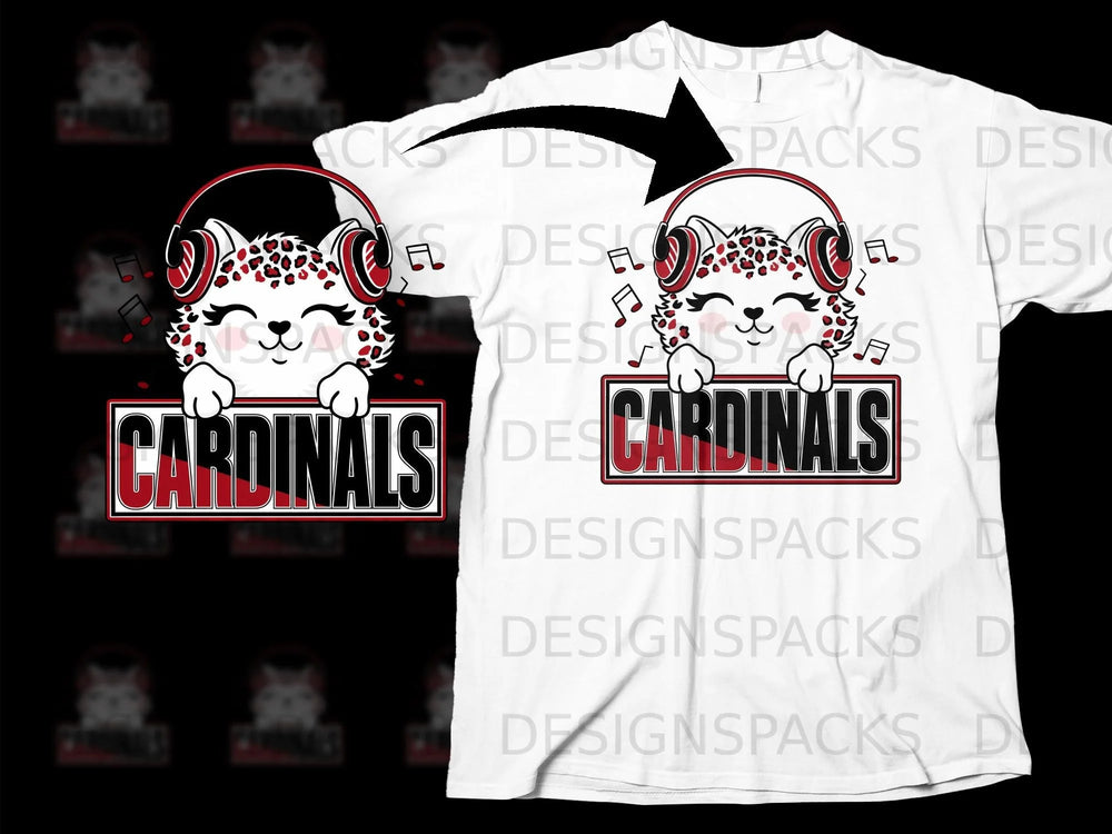 Cute cheetah with headphones holding a "CARDINALS" sign.