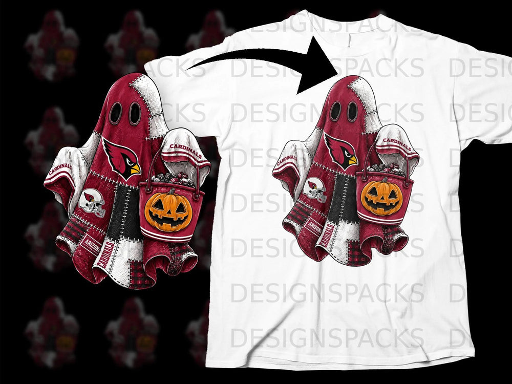 Arizona Cardinals ghost mascot holding candy bucket and jack-o'-lantern.