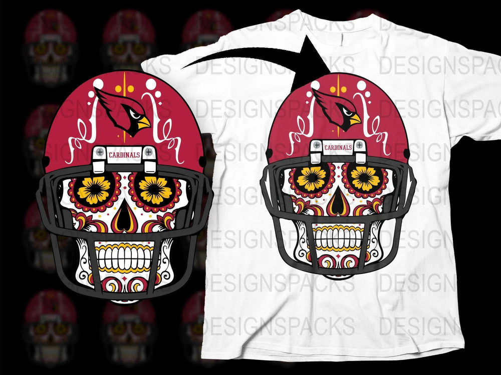 Colorful Sugar Skull Cardinals Football Helmet Graphic T-Shirt, Trendy Sports Apparel