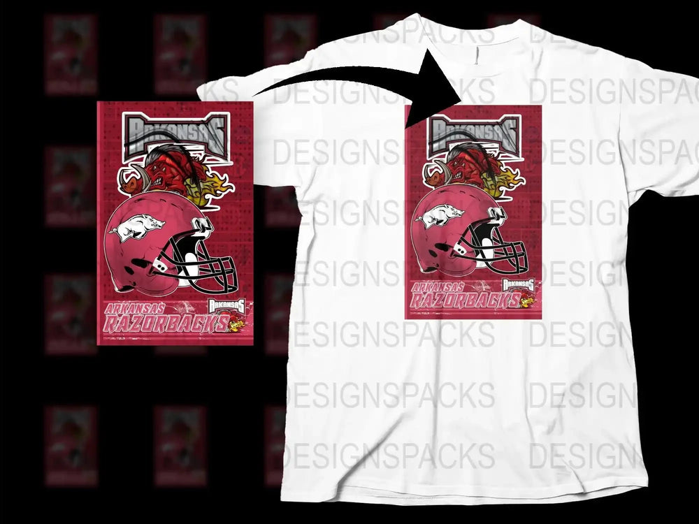 Arkansas Razorbacks Graphic T-Shirt, College Football Fan Apparel, Red and White Helmet Design