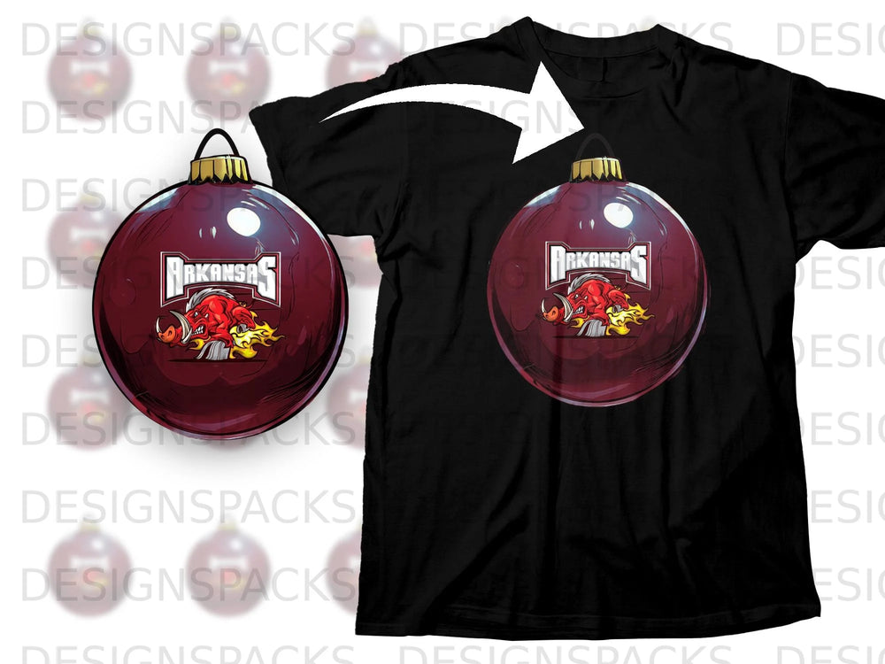 Black t-shirt featuring a maroon ornament with the Arkansas Razorbacks logo.