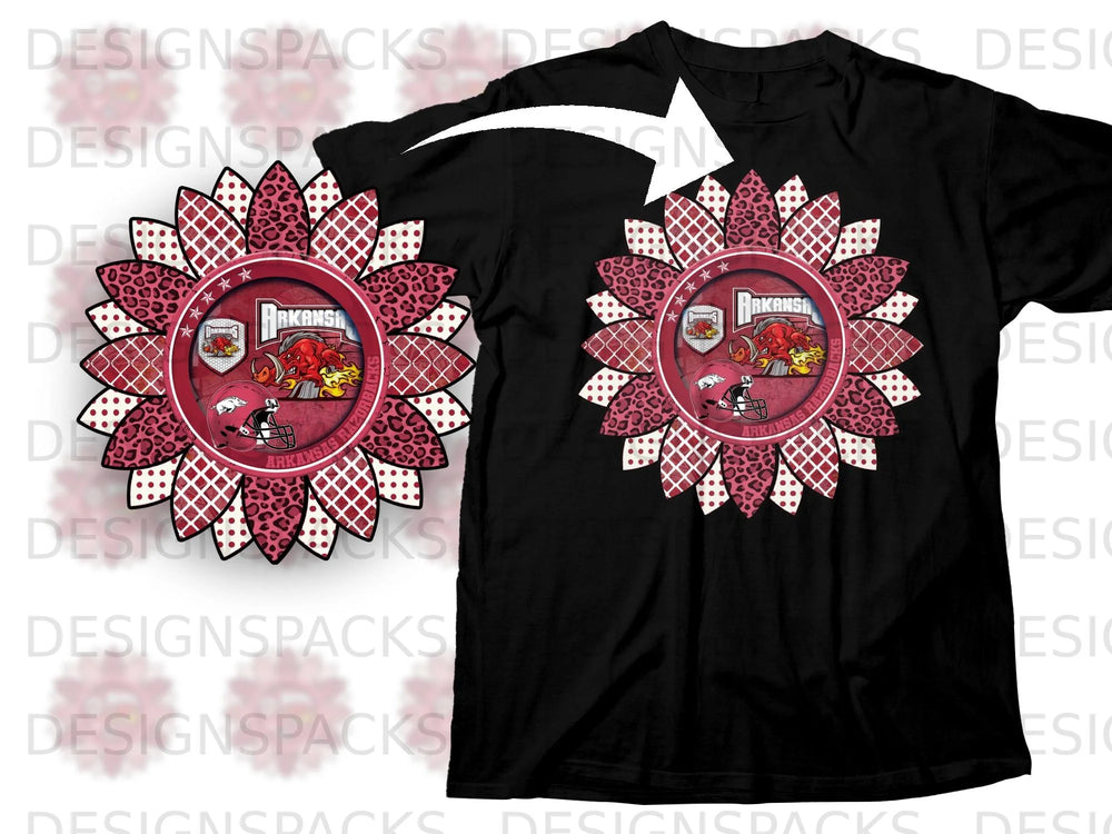 Sunflower graphic with Arkansas Razorbacks logo and leopard print accents on black shirt.
